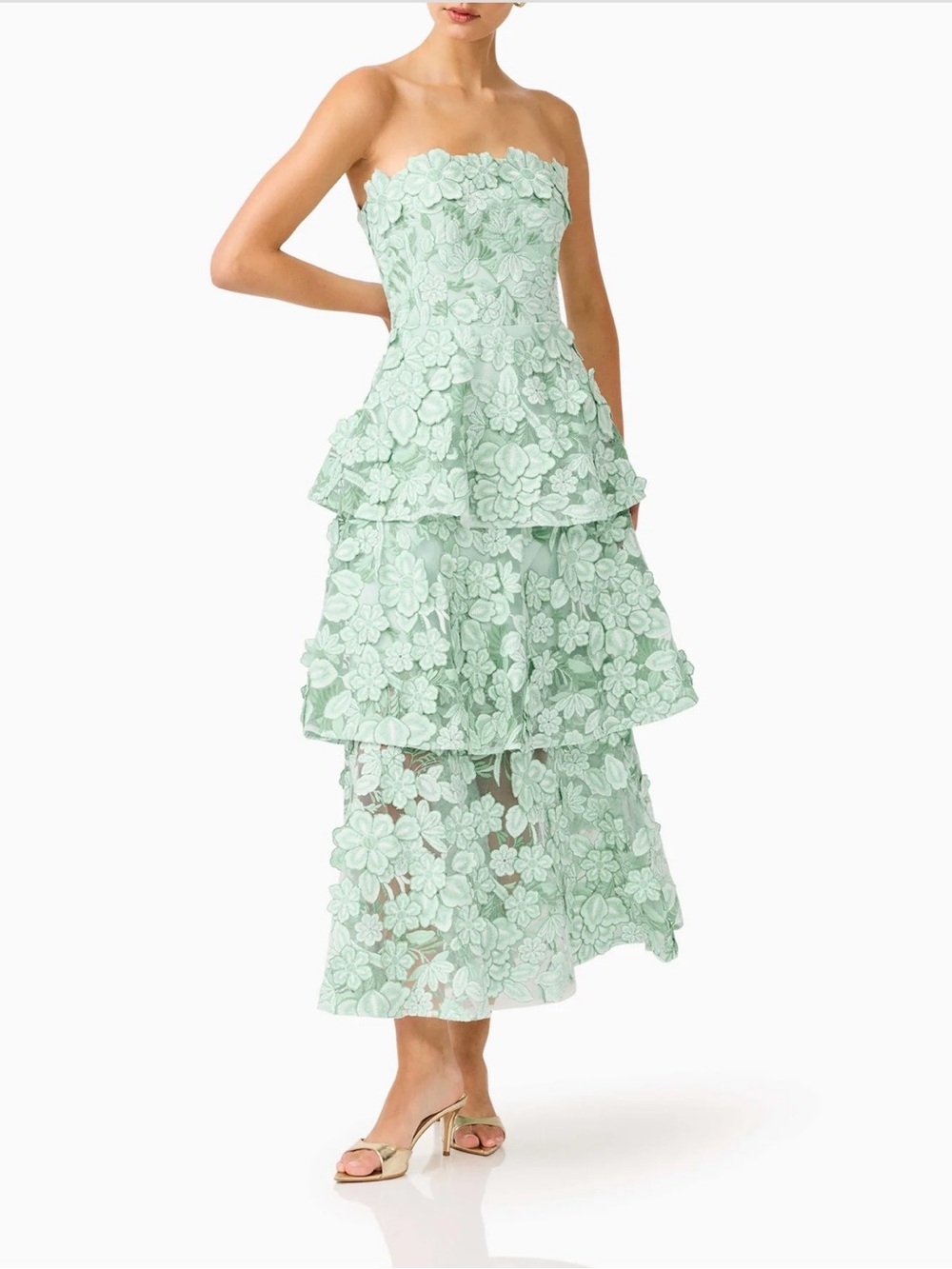 Elliatt Mint Green Floral Lace Tiered Strapless Dress